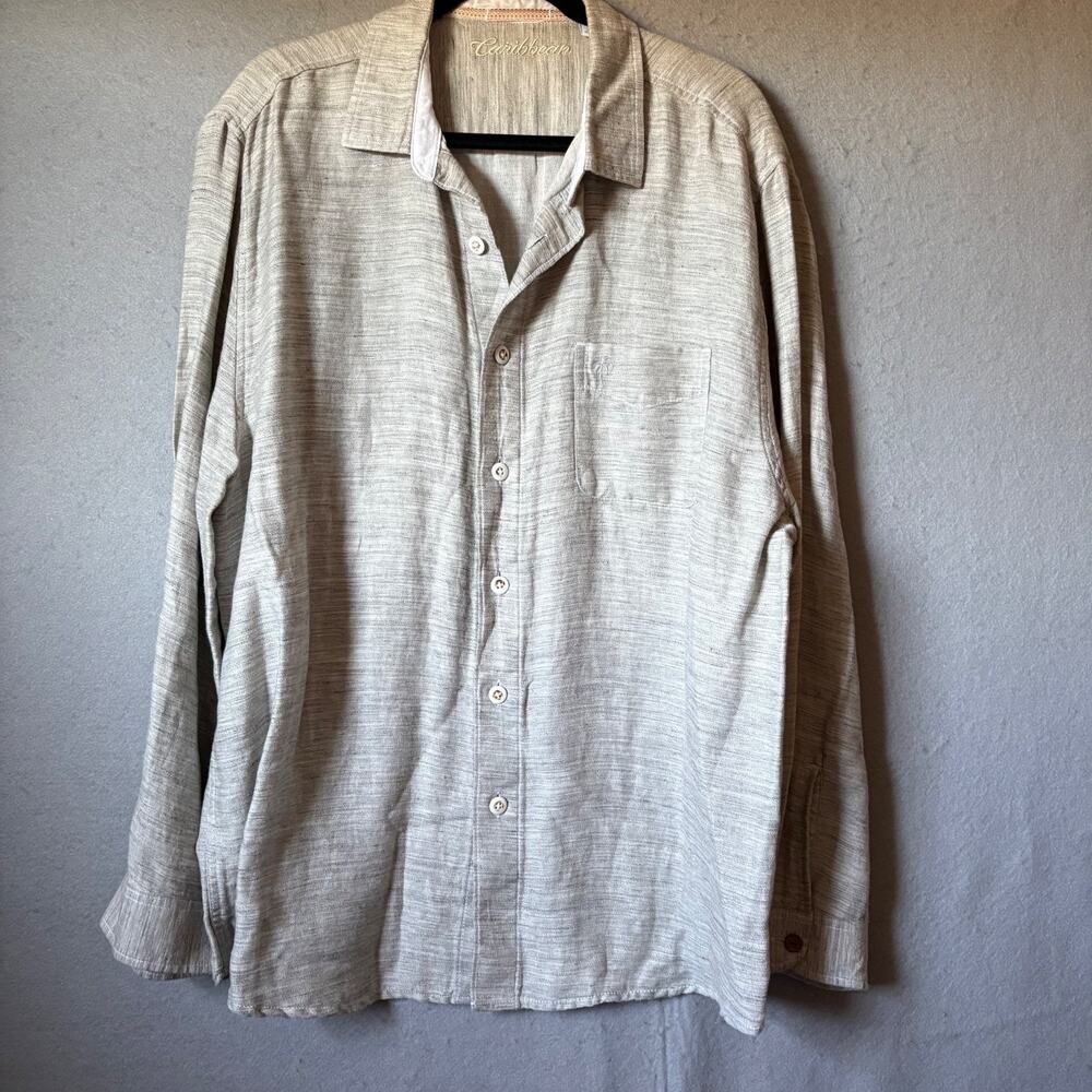 Caribbean Joe Men's XL Gray Long-Sleeve Button Up Shirt Linen Cotton Blend